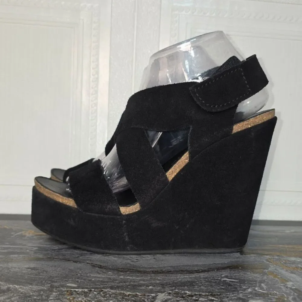Pedro Garcia Black Suede Platform Wedge Sandals Size 40 US 9.5 EUC Spain